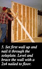 5. Set first wall up and nail it through the soleplate. Level and brace the wall with a 2x4 nailed to floor.