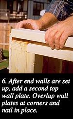6. After end walls are set up, add a second top wall plate. Overlap wall plates at corners and nail in place.